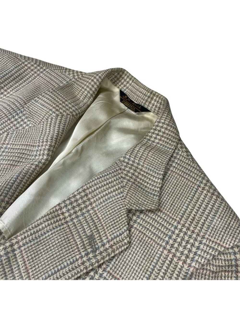 VTG Southwick Men’s Linen/Silk Blazer Beige Houndstooth Plaid • USA • 44L